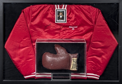 Muhammad Ali Signed Training Jacket & Inscribed Boxing Glove Used In Preparation for Fight with Joe Frazier Gifted To Kareem Abdul-Jabbar In 42x29 Framed Display (Abdul-Jabbar LOA & PSA/DNA)